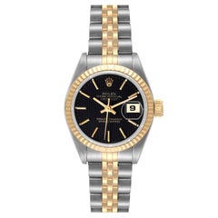 Rolex Datejust 26mm Steel Yellow Gold Black Tapestry Dial Ladies Watch 69173