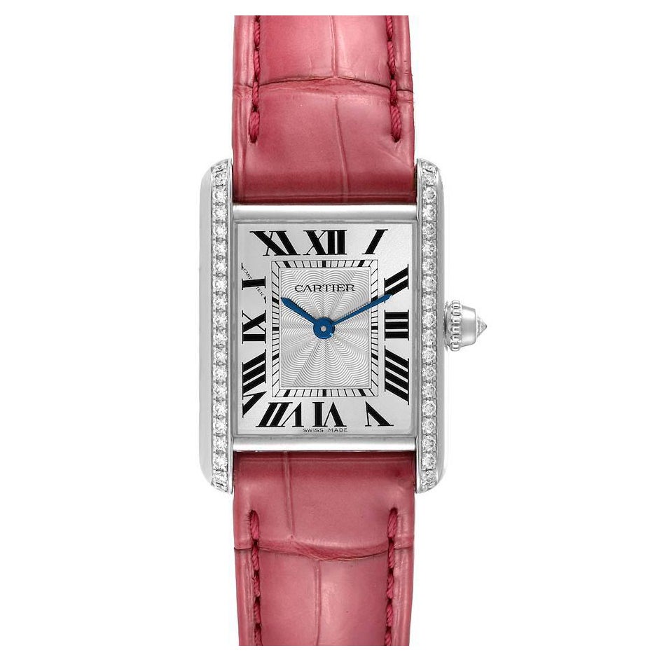 Cartier Tank Louis White Gold Diamond Pink Strap Ladies Watch WJTA0011 Card For Sale