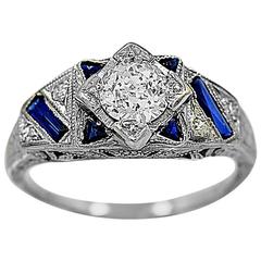Art Deco .60 Carat Sapphire Diamond Gold Engagement Ring 