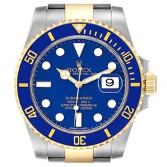 Rolex Submariner Steel Yellow Gold Blue Diamond Dial Mens Watch 116613 Box Card