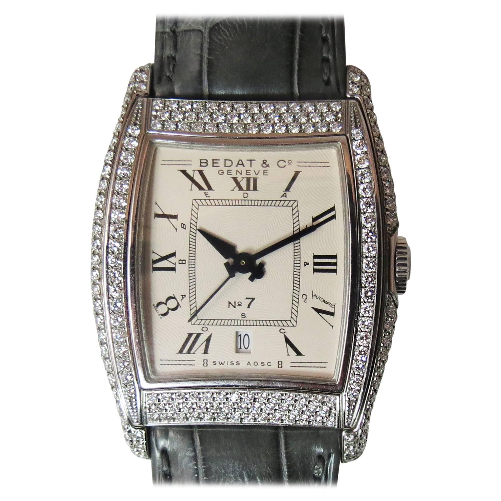 Brand new in box, Ladies Bedat No. 7 automatic steel and diamond watch with gray alligator strap and deployant buckle, Roman numerals, date window, sweep second hand, guilloche dial, diamond bezel and case, with 284 full cut round diamonds weighing
