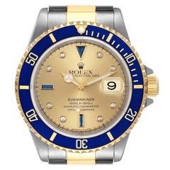 Rolex Submariner Steel Yellow Gold Serti Dial Mens Watch 16613 Box Service Card