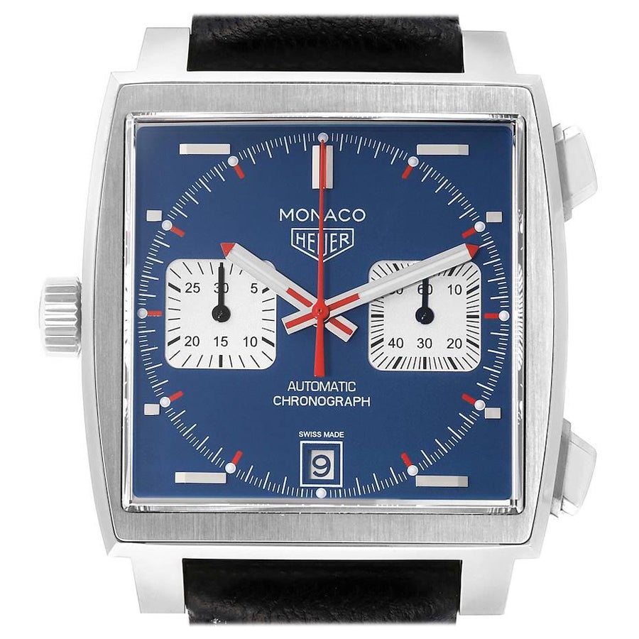 Tag Heuer Monaco Chronograph Blue Dial Steel Mens Watch CAW211P Box Card For Sale