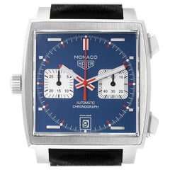Used Tag Heuer Monaco Chronograph Blue Dial Steel Mens Watch CAW211P Box Card
