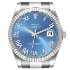 Rolex Datejust II Steel White Gold Blue Roman Dial Mens Watch 116334 Box Card