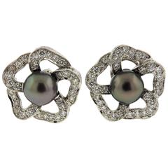 Mikimoto Tahitian Pearl Diamond Platinum Flower Earrings