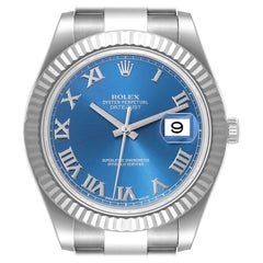 Rolex Datejust II Steel White Gold Blue Roman Dial Mens Watch 116334 Box Card