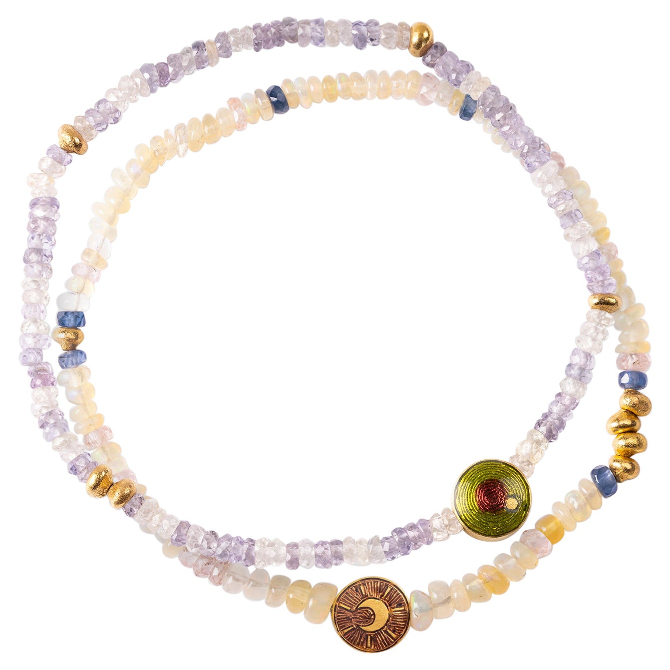 22K Gold Sapphire Opal and Enamel Evil Eye Beaded Bracelets by AGARO, Set of 2 