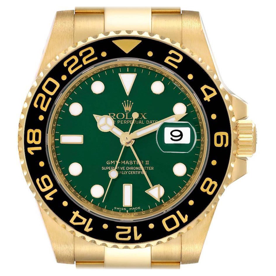 Rolex GMT Master II 18K Yellow Gold Green Dial Mens Watch 116718 For Sale
