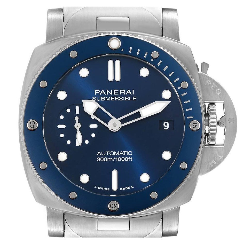 Panerai Submersible Blu Notte Blaues Zifferblatt Stahl-Herrenuhr PAM01068 Box Papier im Angebot