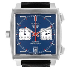 Used Tag Heuer Monaco Chronograph Blue Dial Steel Mens Watch CAW211P Box Card