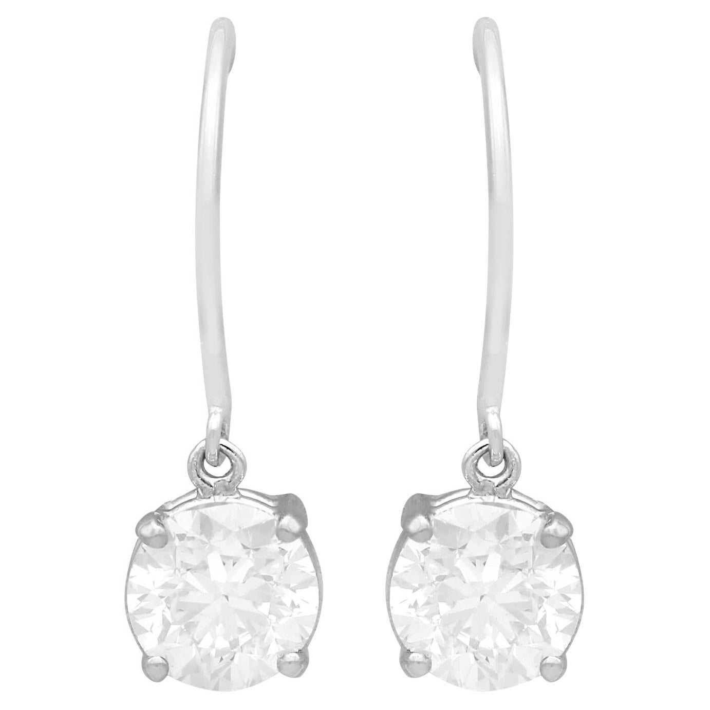 Vintage 2.03 Carat Diamond and 18k White Gold Solitaire Drop Earrings For Sale