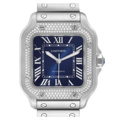 Cartier Santos Stainless Steel Diamond Blue Dial Mens Watch W4SA0006 Unworn