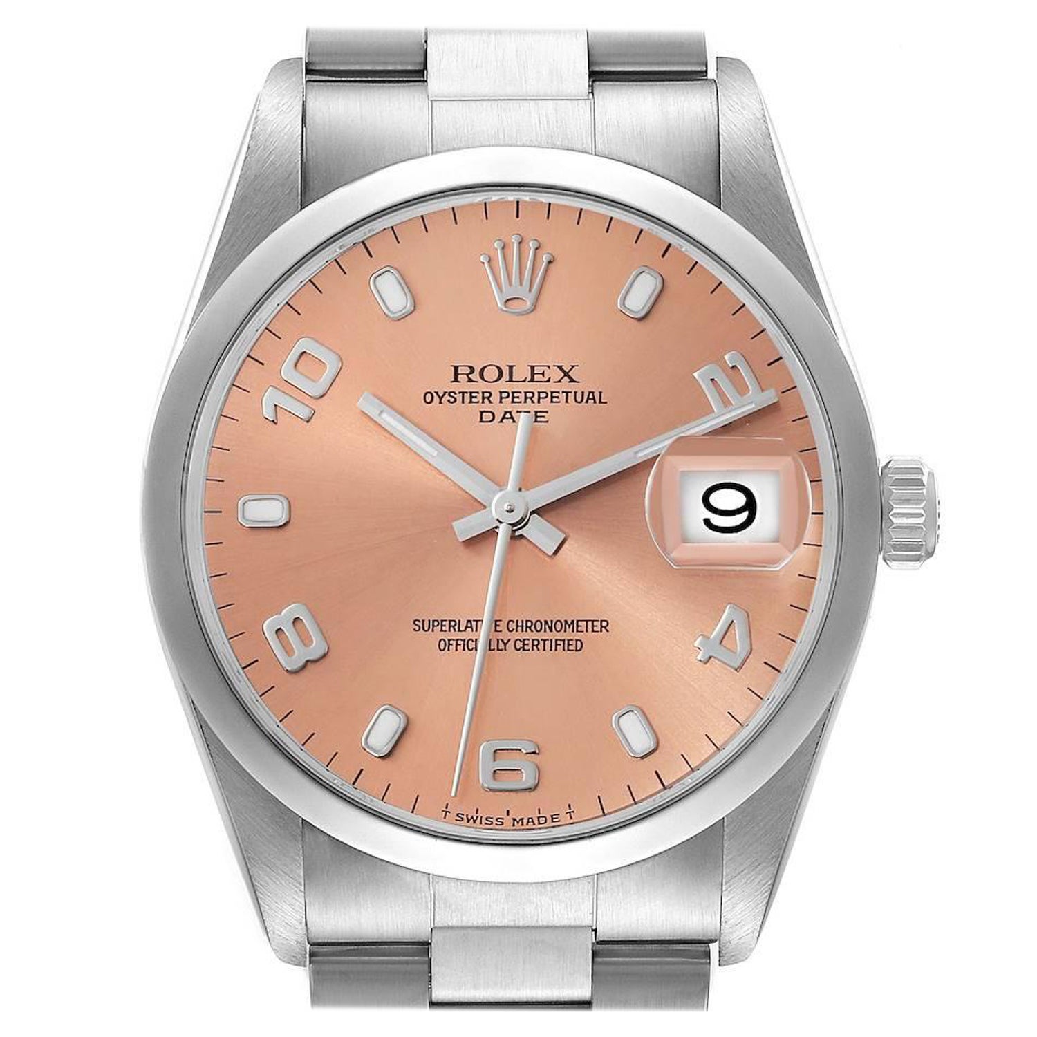 Date Salmon Dial Oyster Bracelet Steel Mens Watch 15200 For Sale at 1stDibs | rolex salmon pink dial, salmon dial rolex, salmon dial watch