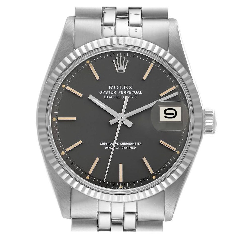 Rolex Datejust Steel White Gold Grey Dial Vintage Mens Watch 1601