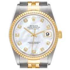 Rolex Datejust Steel Yellow Gold Mother of Pearl Diamond Dial Mens Watch 16233
