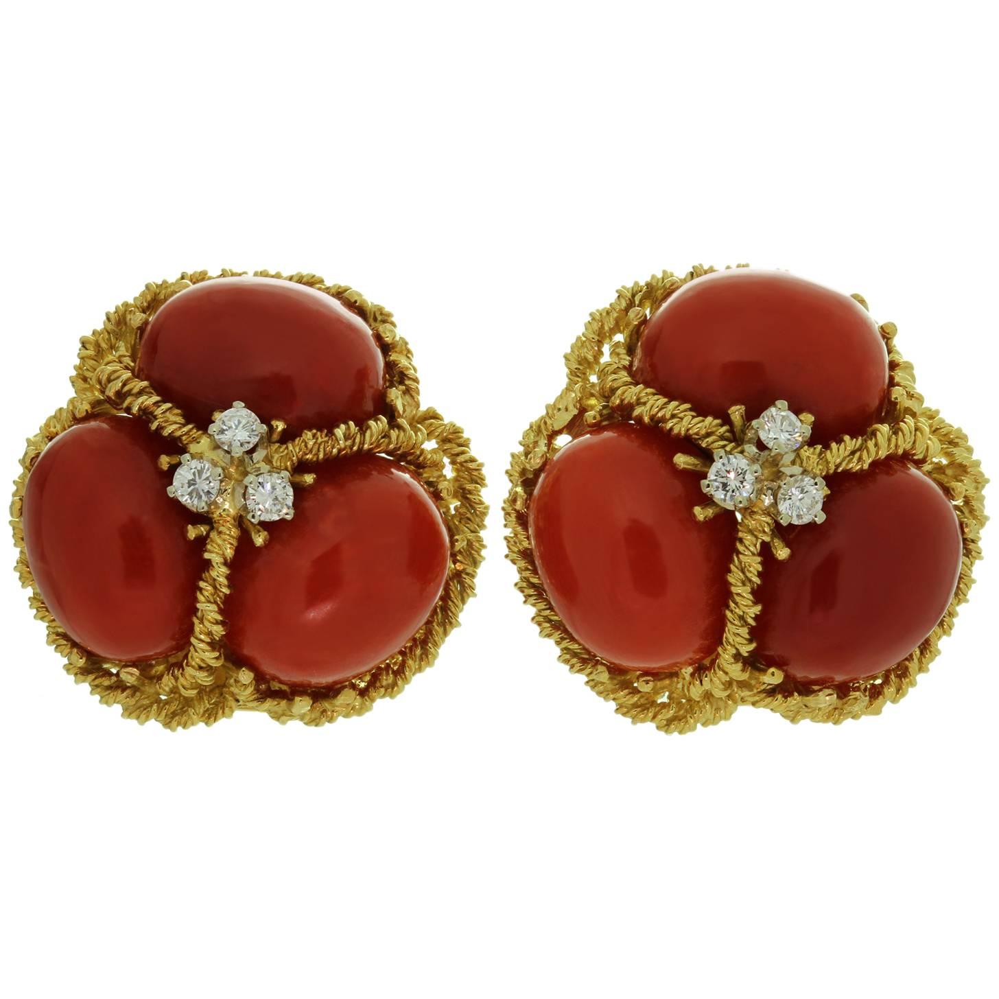 Italian Natural Oxblood Coral Diamond Gold Earrings For Sale