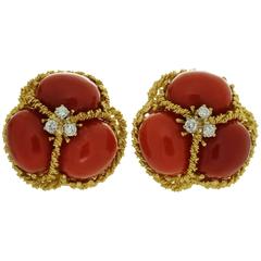 Italian Natural Oxblood Coral Diamond Gold Earrings 12