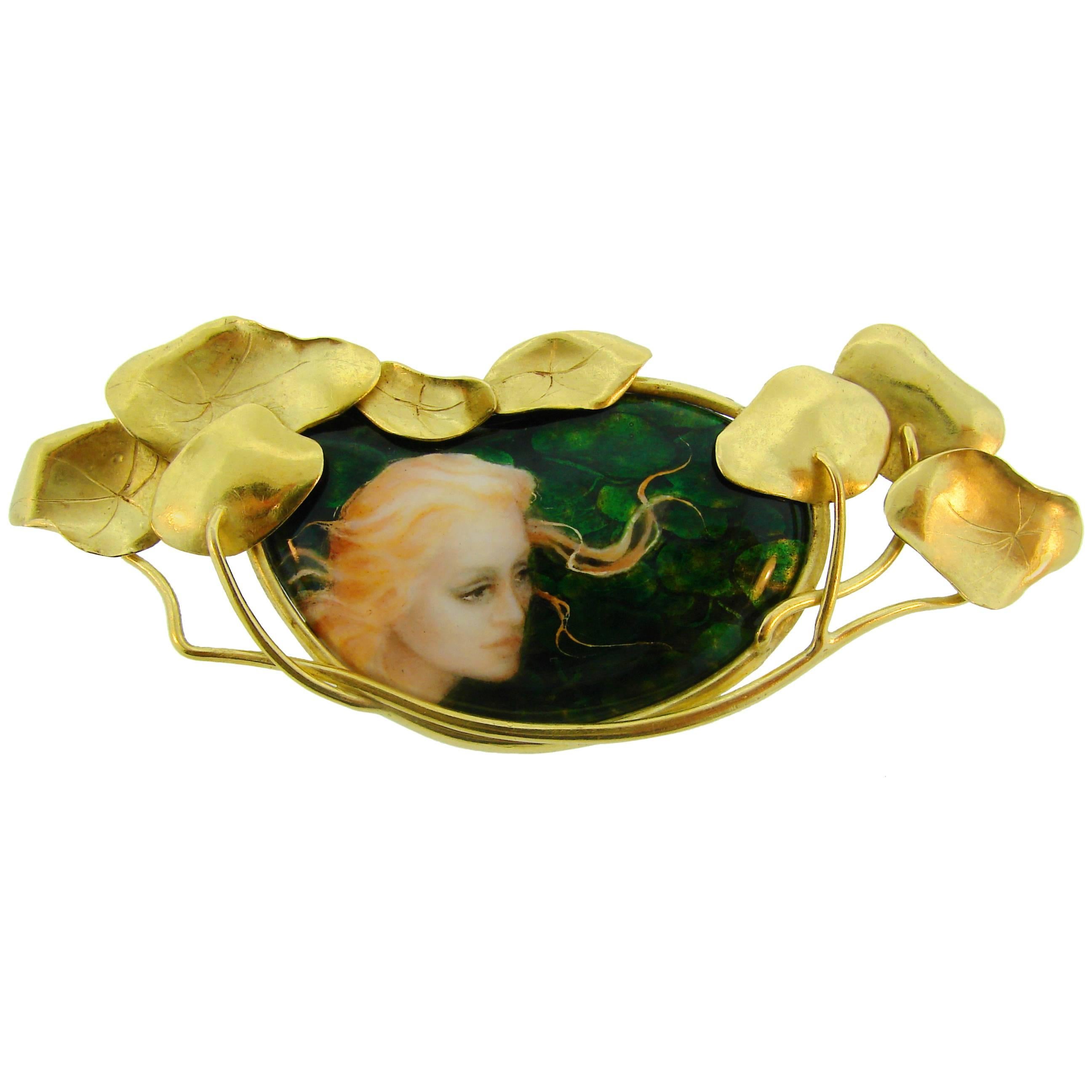 Art Nouveau Revival Miniature Painted Enamel Gold Pin Brooch Clip