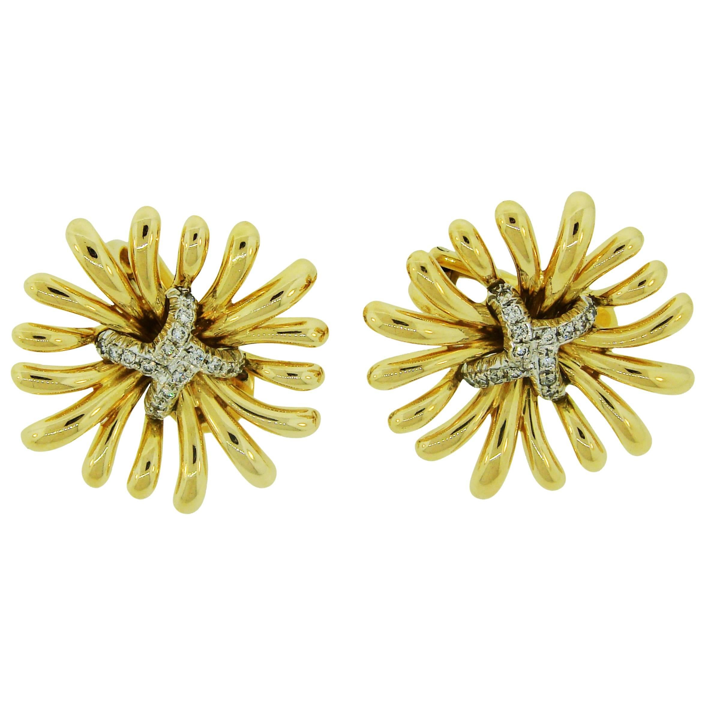 1980s Verdura Diamond Gold Starburst Earrings