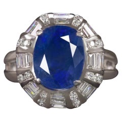 Bague en or blanc 18 carats avec saphir bleu certifié AGL de 6 carats et diamants sans chaleur 