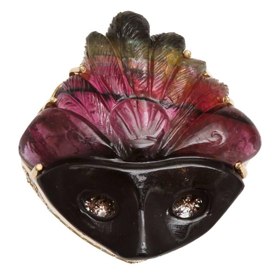 Michael Kanners Watermelon Tourmaline Diamond Gold Mask Ring For Sale