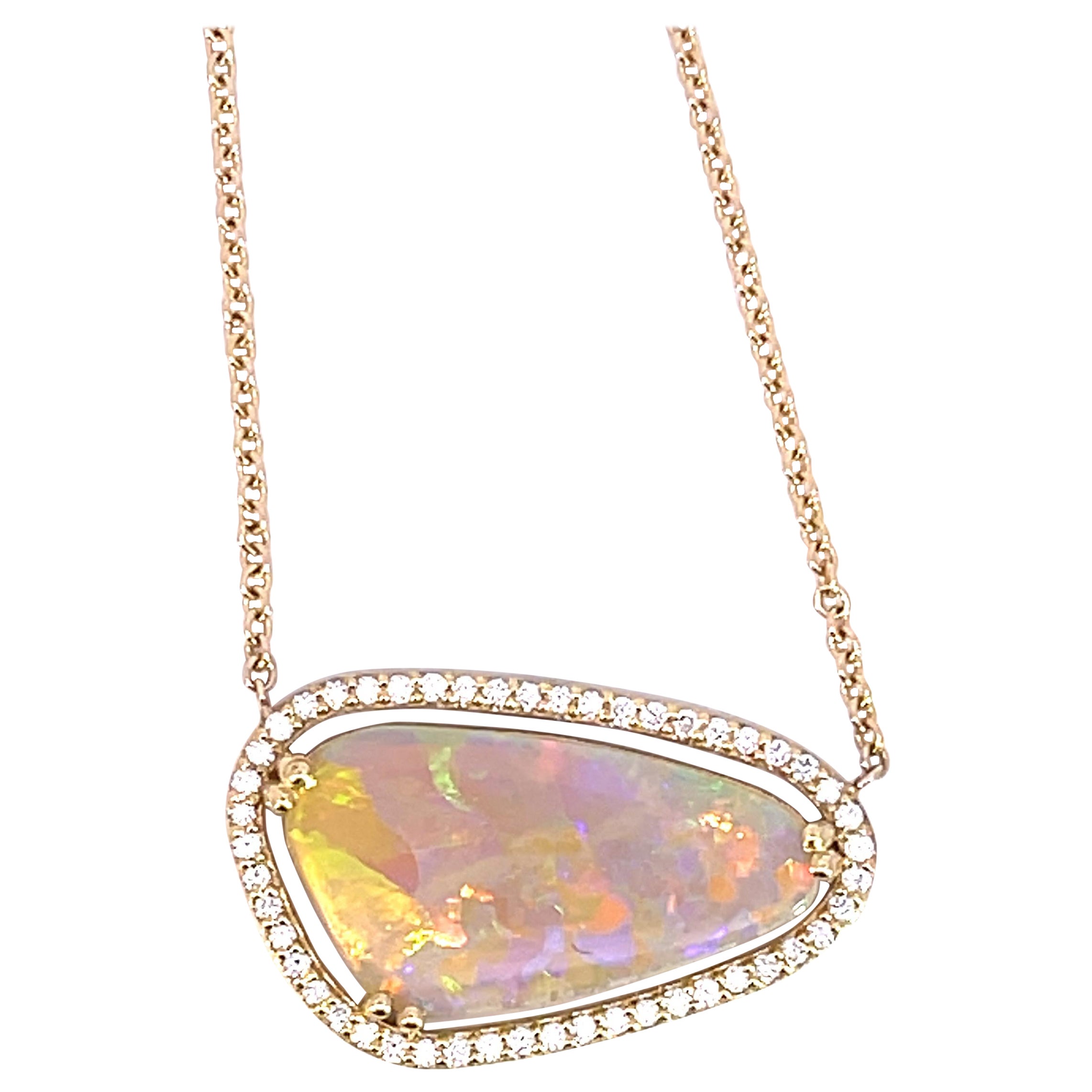 18k Yellow Gold Crystal Opal Necklace with White Diamond Halo For Sale