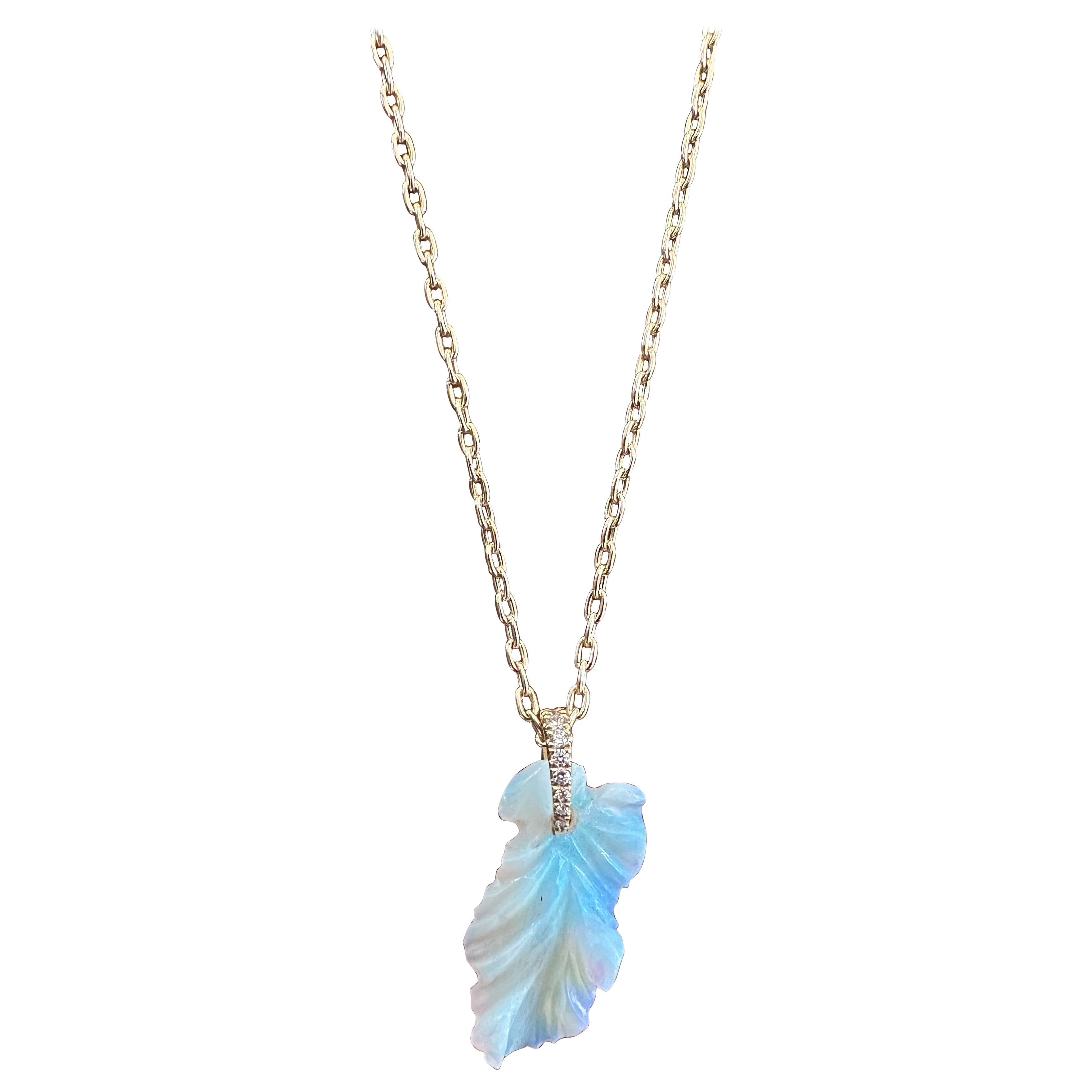 Natural Carved Fine Opal and Diamond Pendant Necklace  For Sale