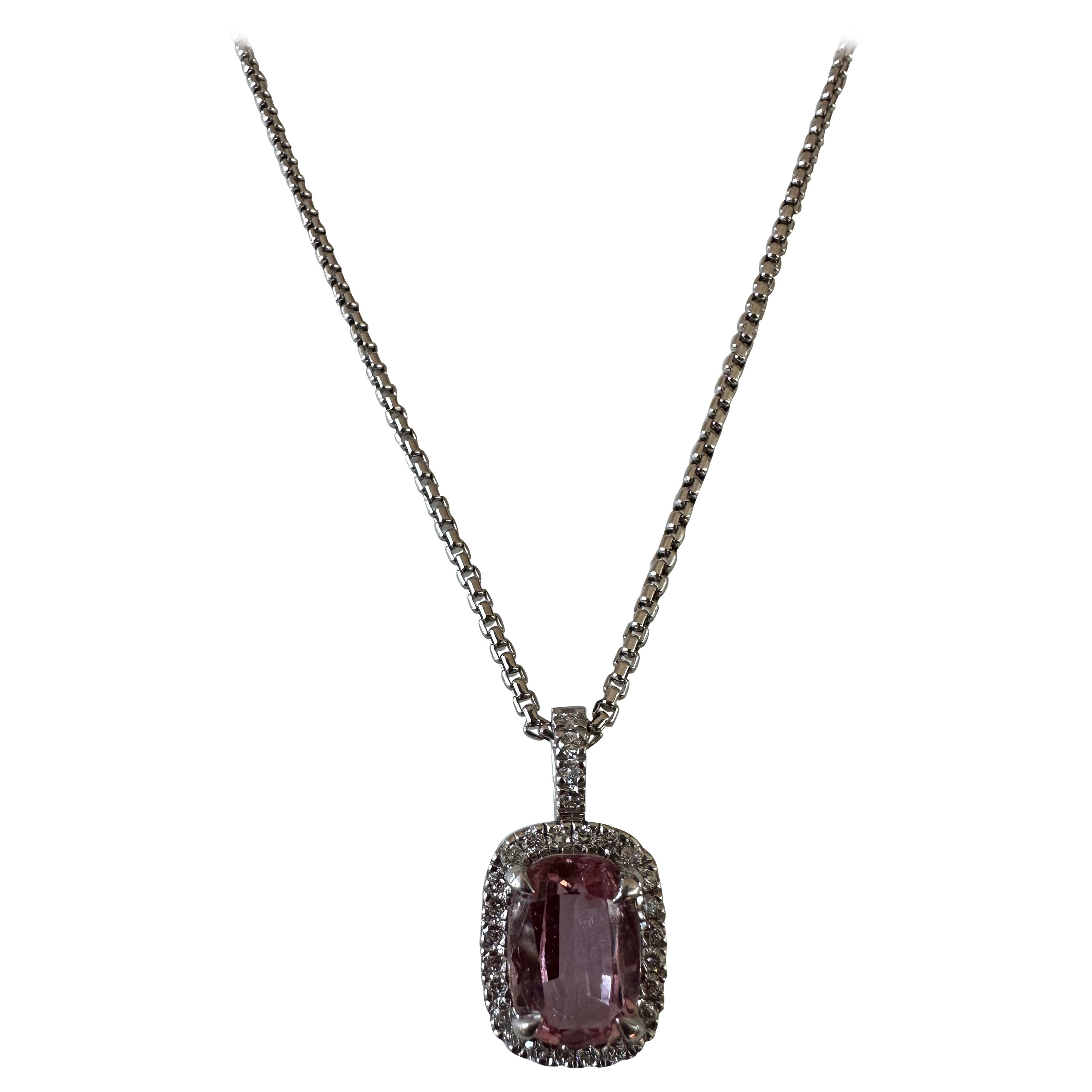 Pink Topaz and Diamond Halo Pendant Necklace  For Sale