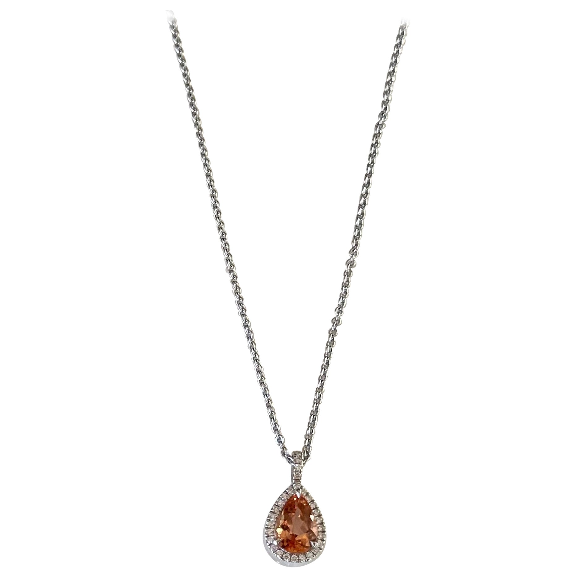 Orange Topaz and Diamond Halo Pendant Necklace  For Sale