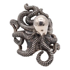 Vintage Octopus Italian Sculptural Massive Cuff Bracelet In Solid .925 Sterling Silver