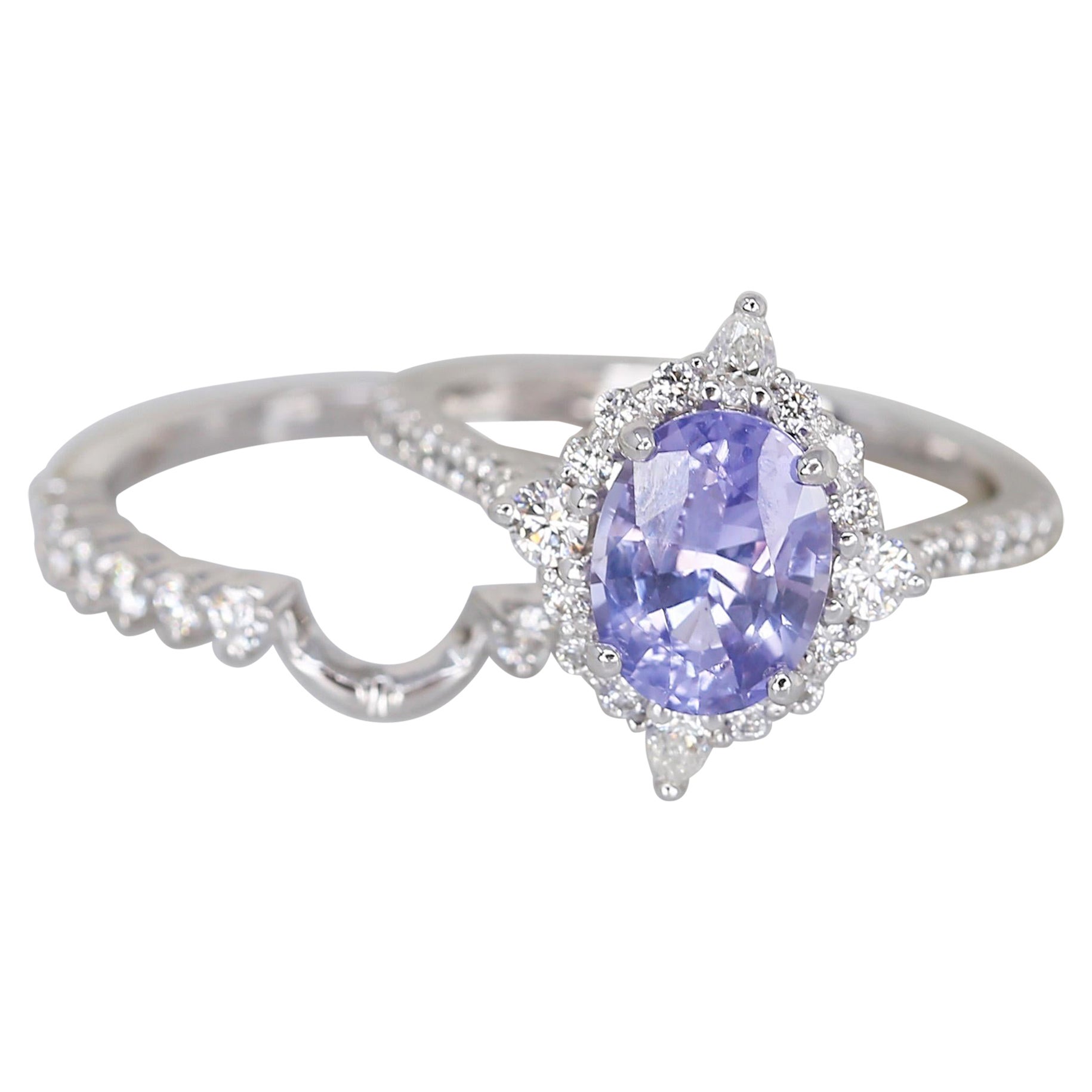 Art Deco 2.34ct Jadis 14kt White Gold Lavender Sapphire Diamond Compass Halo Bridal Set For Sale