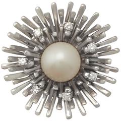Vintage Pearl and Diamond, 18 k White Gold Dress Ring - Circa 1950