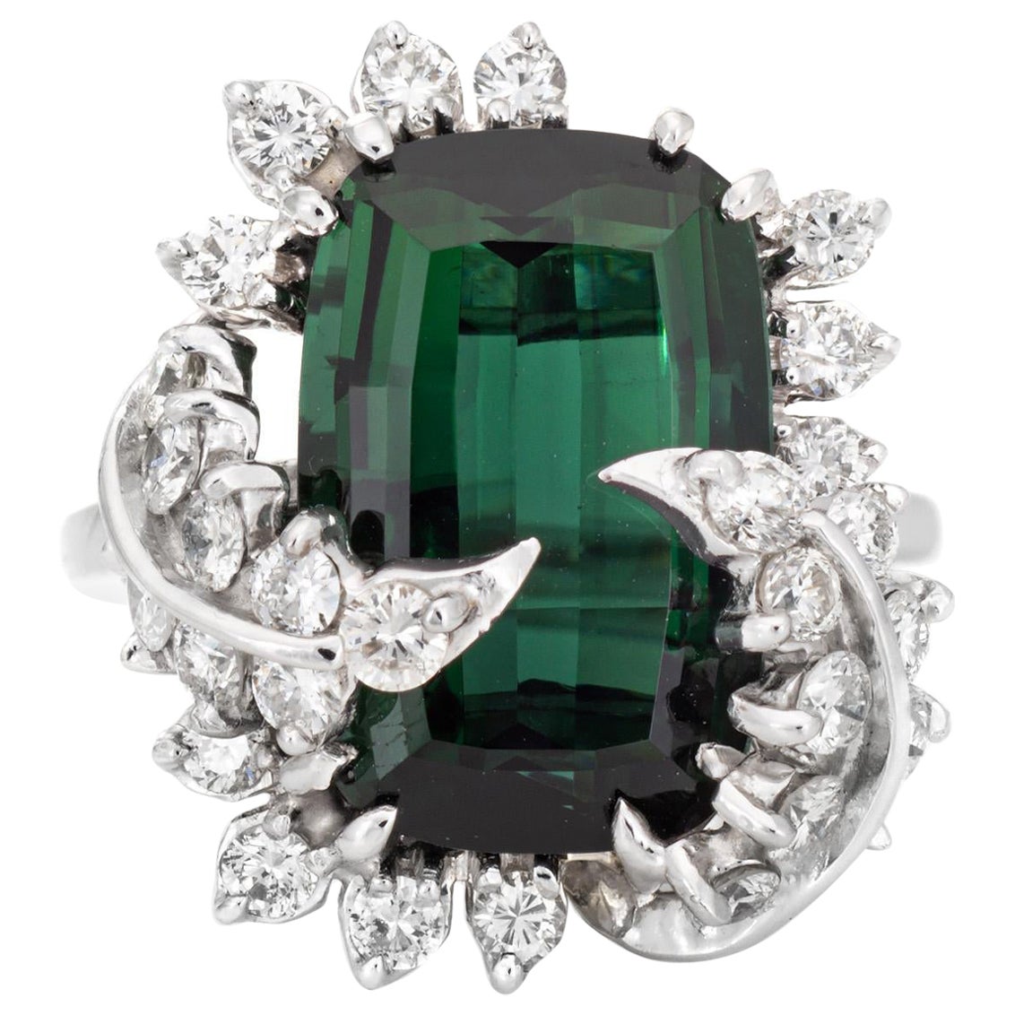 7ct Green Tourmaline Diamond Leaf Ring Vintage 14k White Gold Sz 4.75 Jewelry For Sale