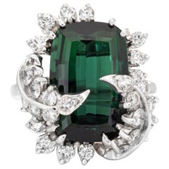 7ct Green Tourmaline Diamond Leaf Ring Retro 14k White Gold Sz 4.75 Jewelry
