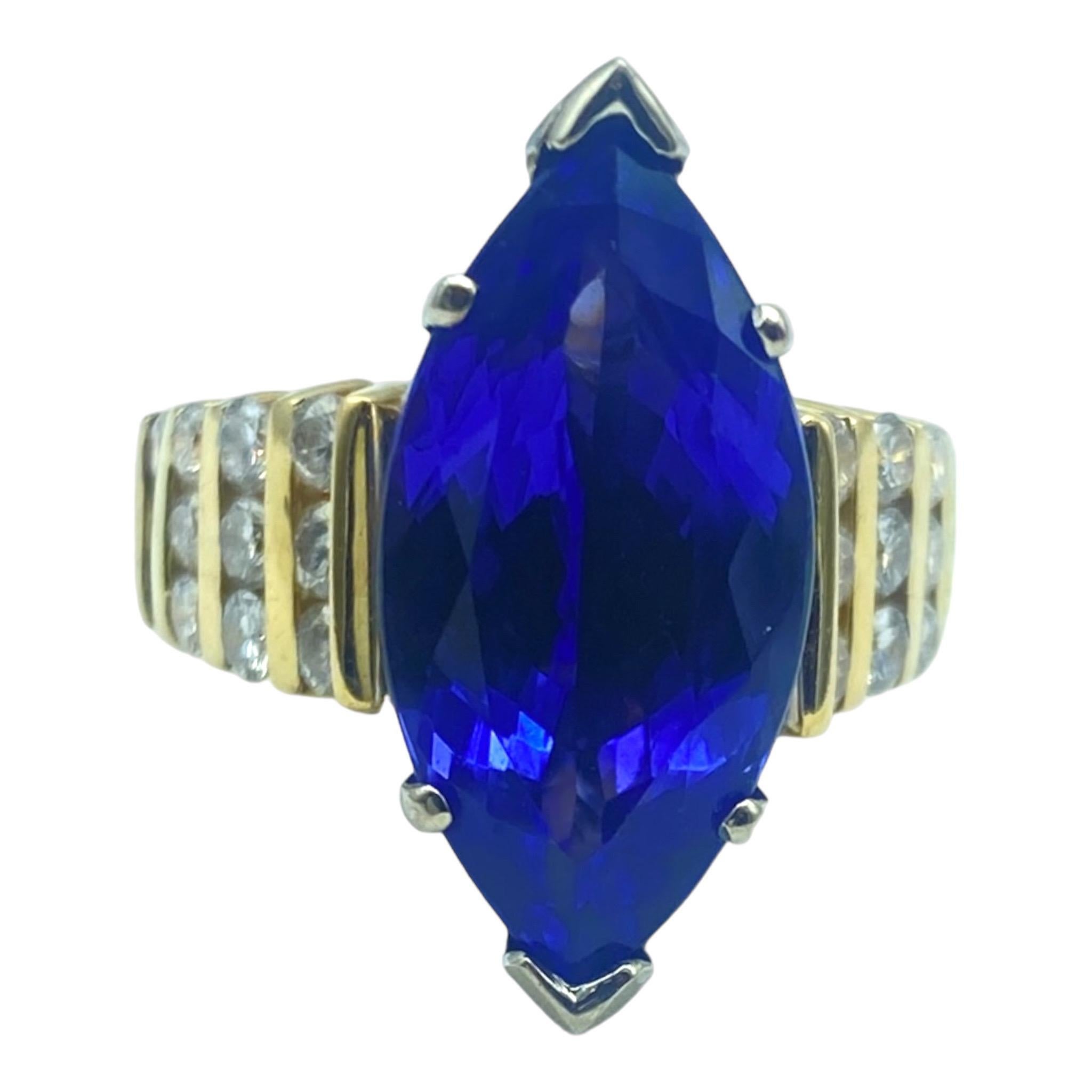 AAA 8ct Marquise Tanzanite & 1.00ct Channel Diamond Solitaire Ring For Sale