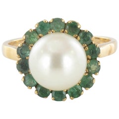 1970s French Pearl Emerald Gold Ring