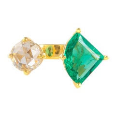 Alexander 3.11 Carat Toi Et Moi Emerald & Rose Cut Diamond Ring 18k Yellow Gold