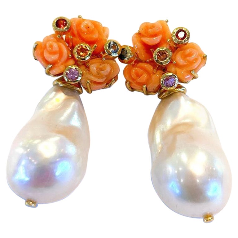 Bochic “Orient” Baroque Pearl & Bamboo Coral Earrings Set In 18K Gold & Silver 