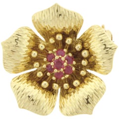 Vintage Tiffany & Co Ruby Gold Dogwood Flower Brooch