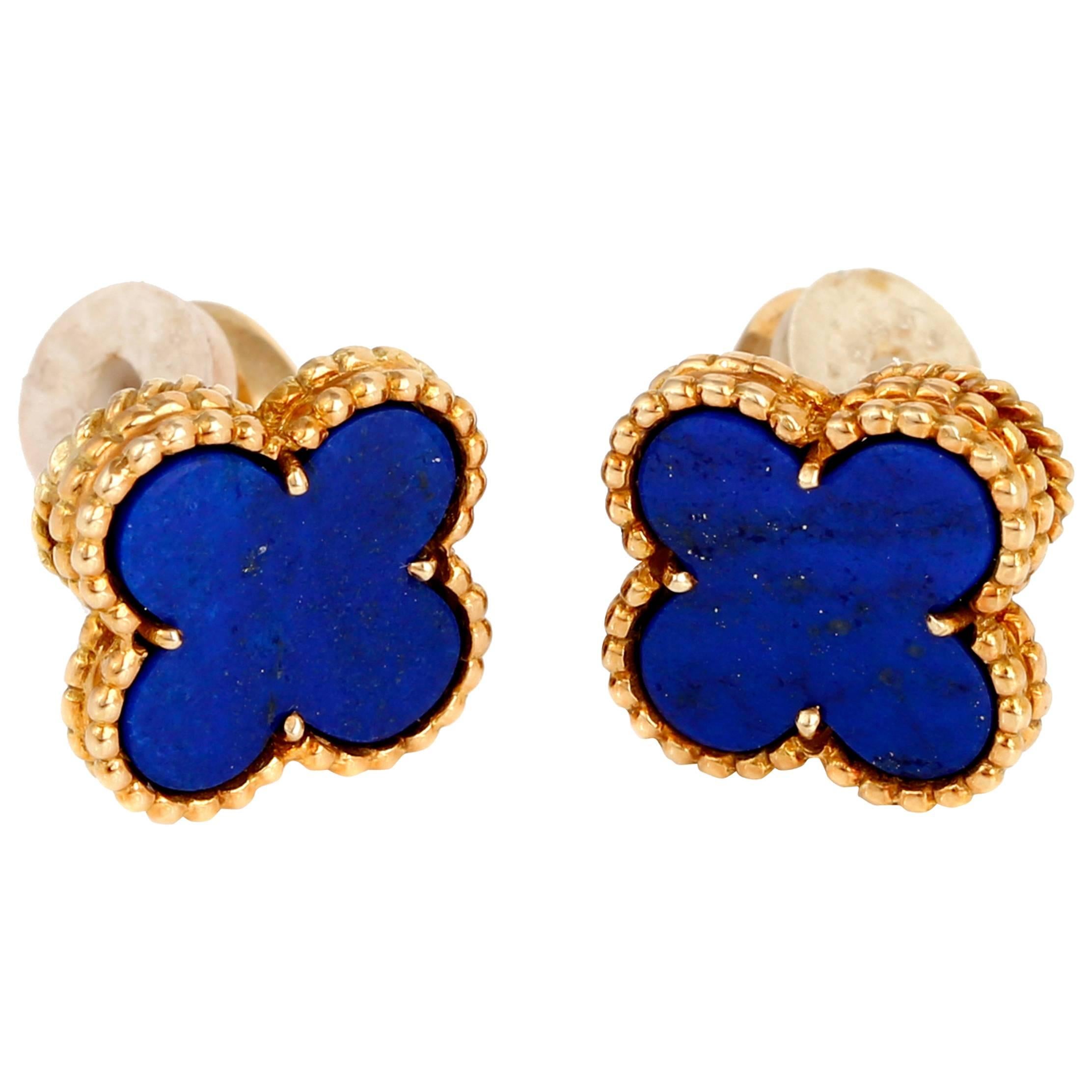Van Cleef Arpels Vintage Alhambra Lapis Gold Earrings