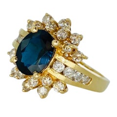 Vintage 4.00tcw Blue Sapphire and Diamonds Cluster Cocktail Ring 14k Gold