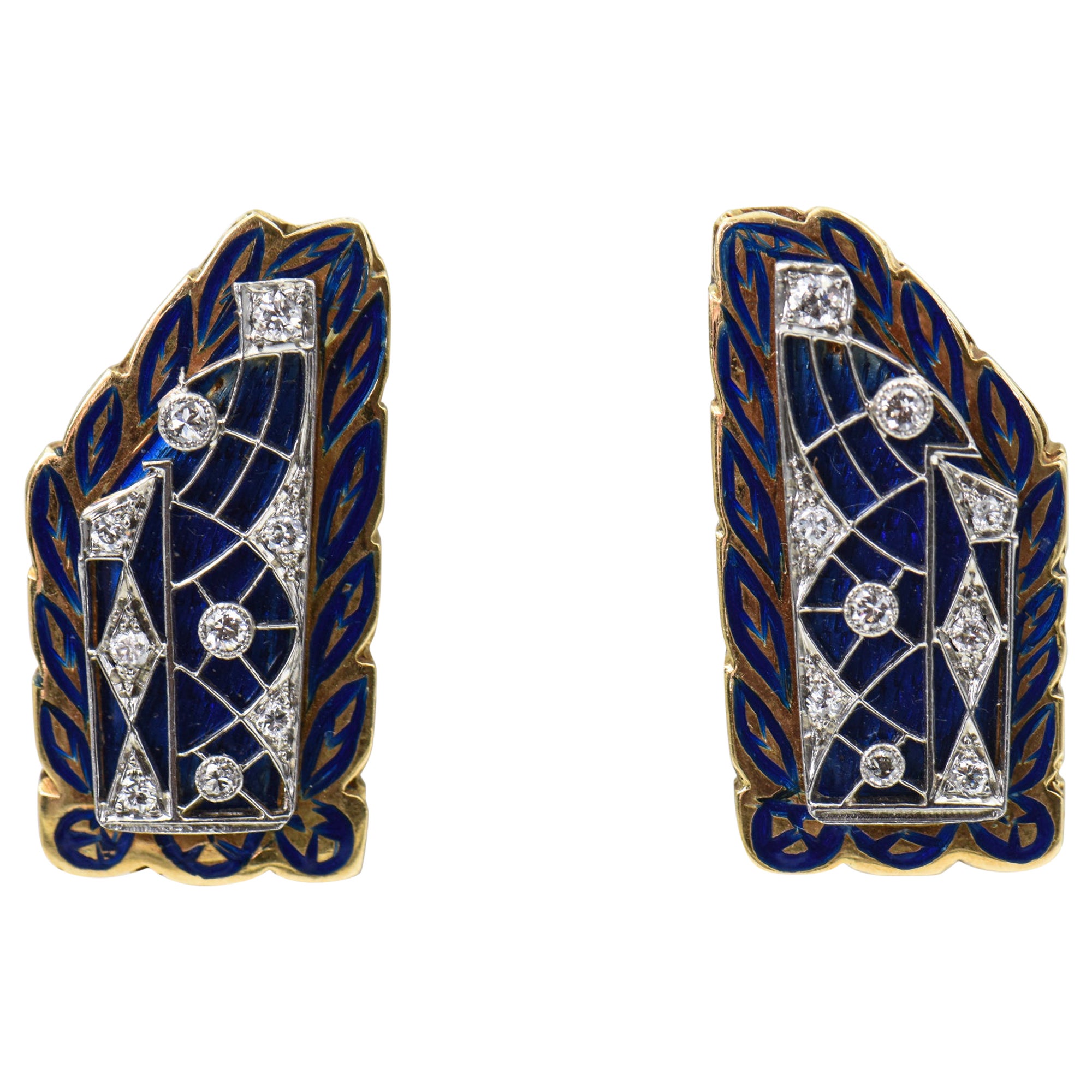 Unique Diamond and Blue Enamel Leaf Gold Earrings For Sale