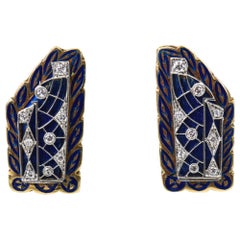 Vintage Unique Diamond and Blue Enamel Leaf Gold Earrings