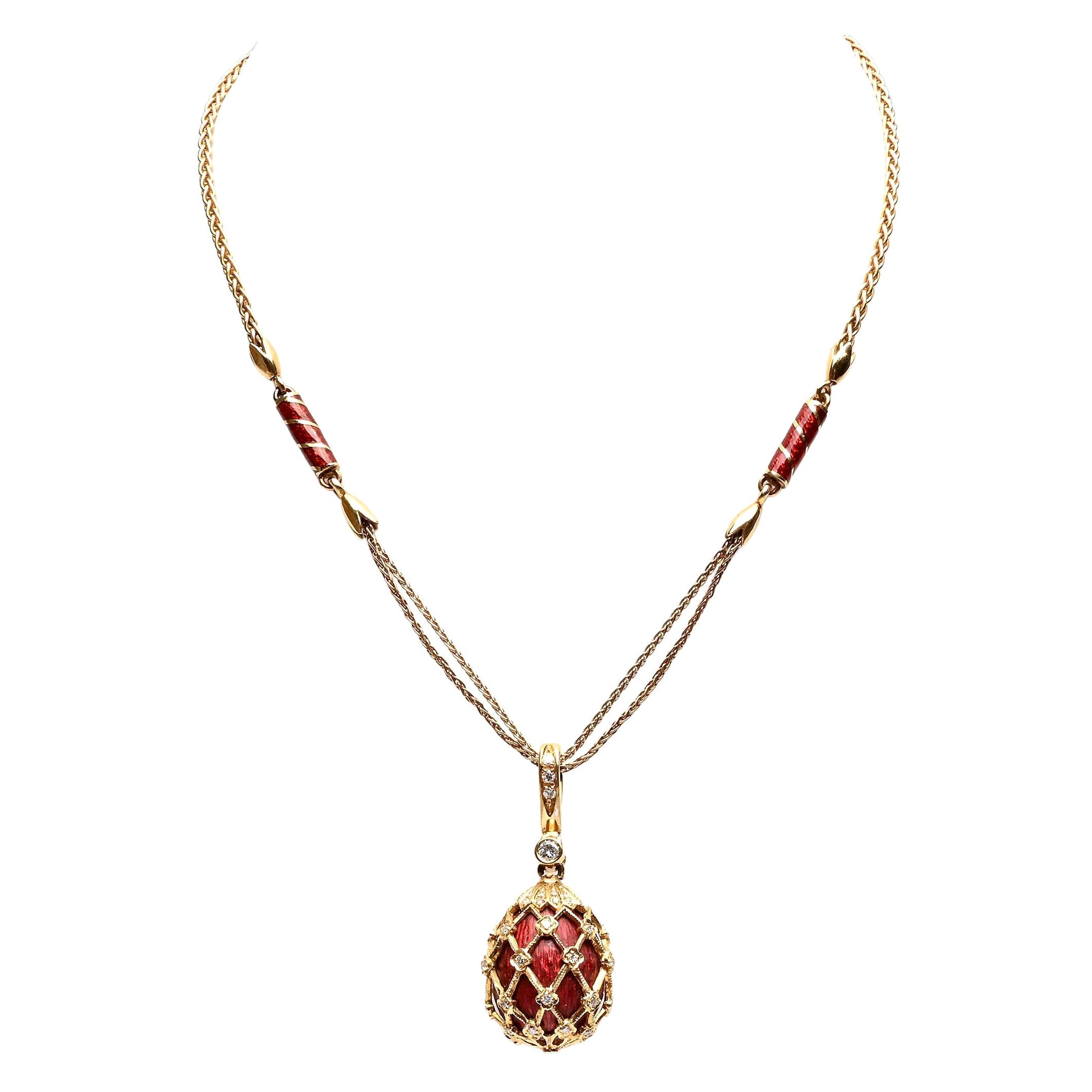 Red Enamel and Diamond Pear Shaped Pendant Necklace For Sale