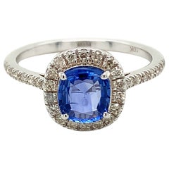 1.00 Carat Cushion Cut Blue Sapphire Ring with Diamonds in 10k White Gold
