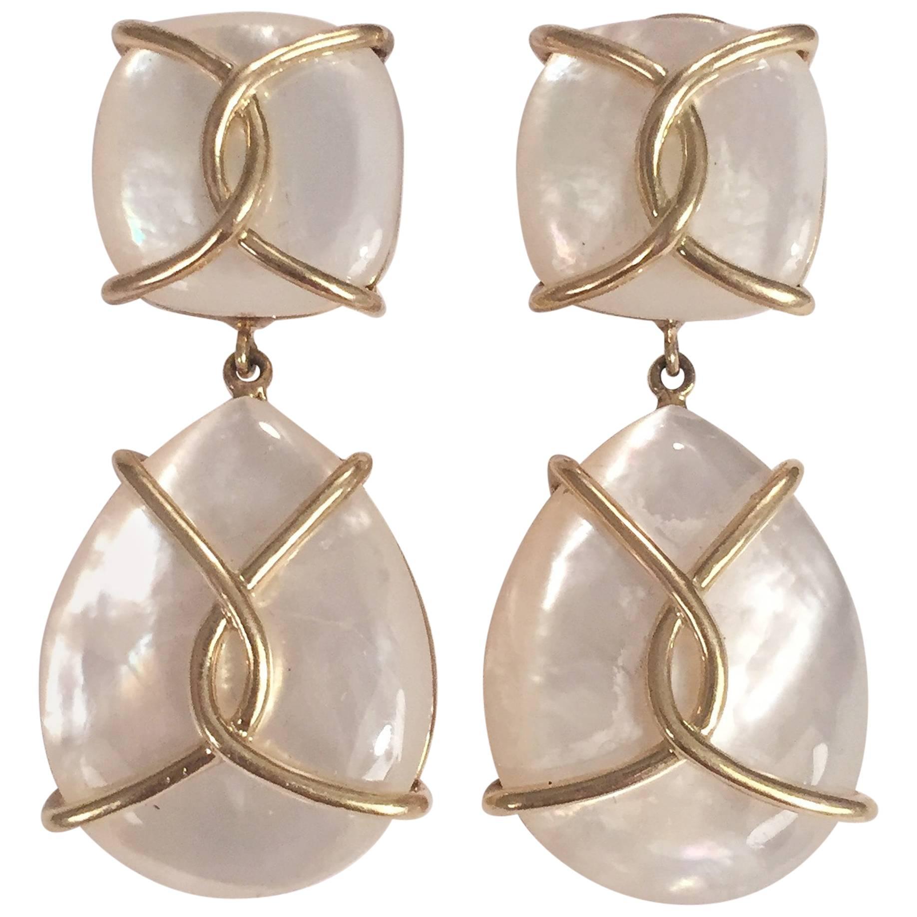 Mother Of Pearl Drop Earrings with Twisted Gold Detail For Sale