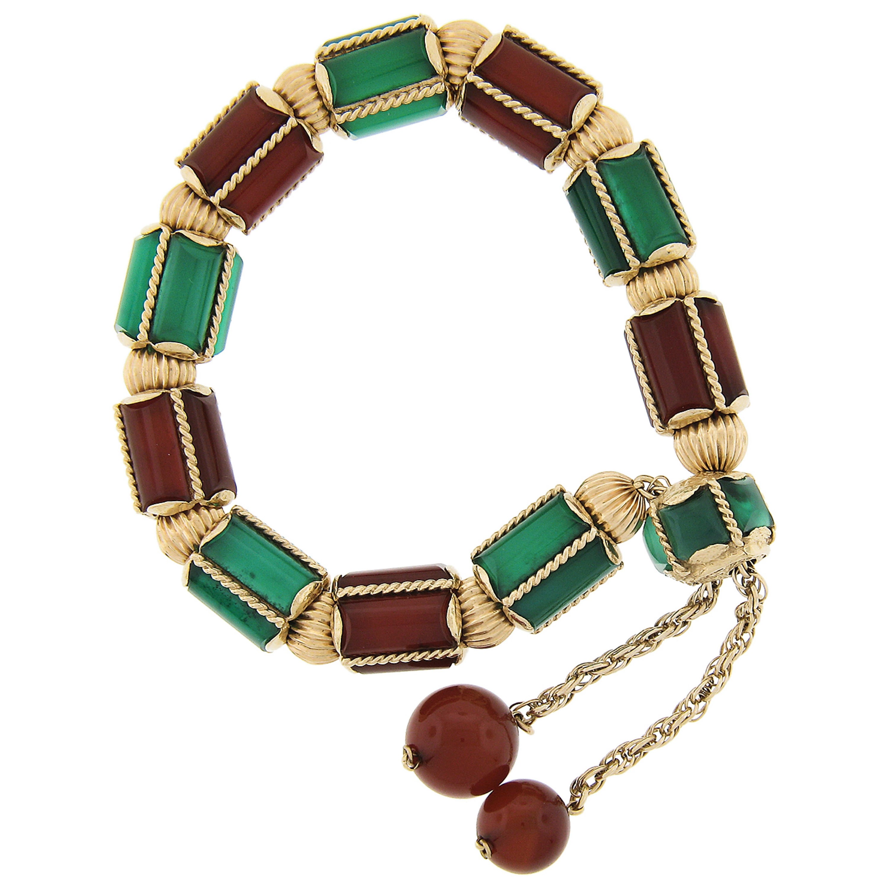 Vintage 14k Gold Green Onyx / Chrysoprase & Carnelian Rope Link Tassel Bracelet For Sale