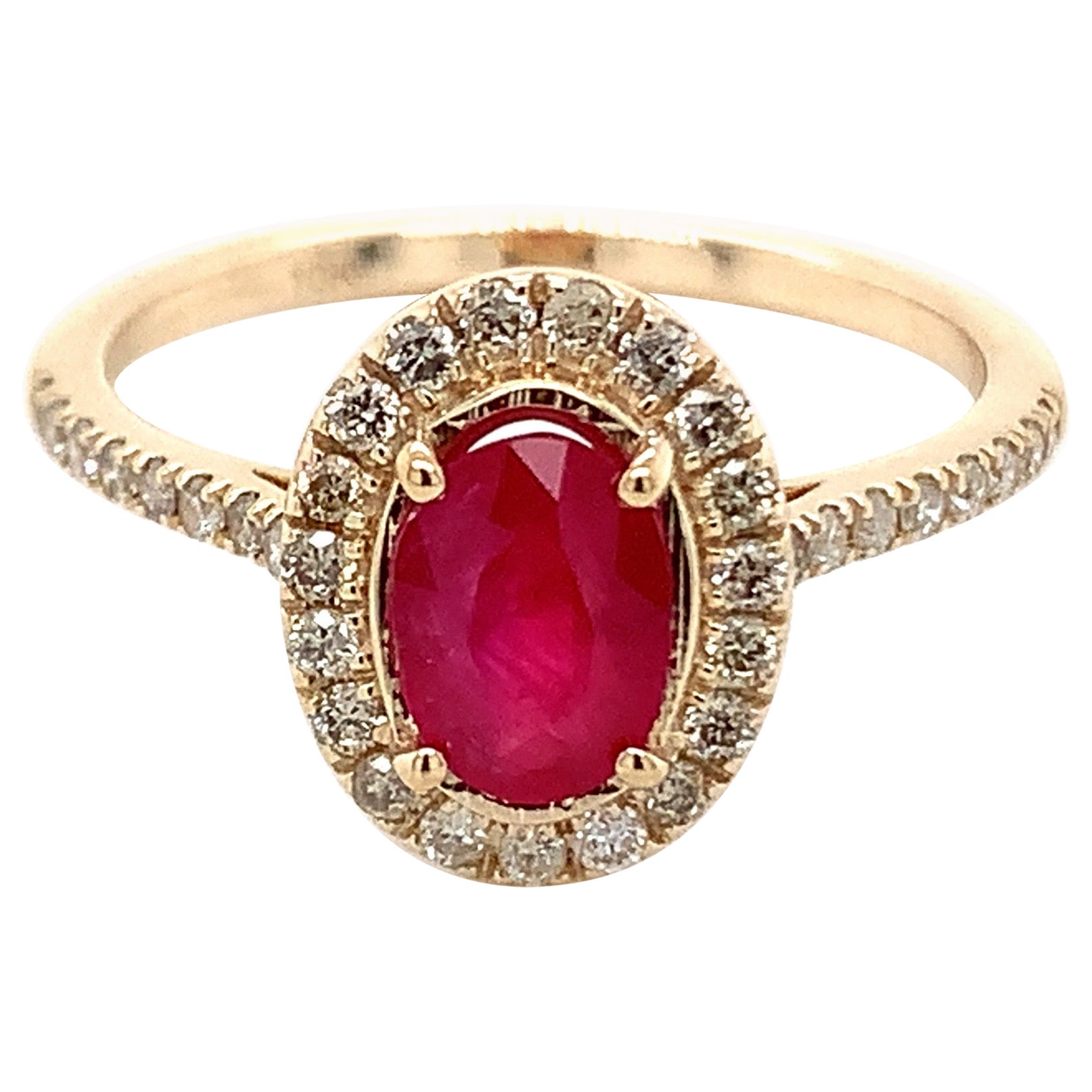 1.00 Carat Oval Shape Ruby Ring with Diamonds in 10k Yellow Gold For Sale