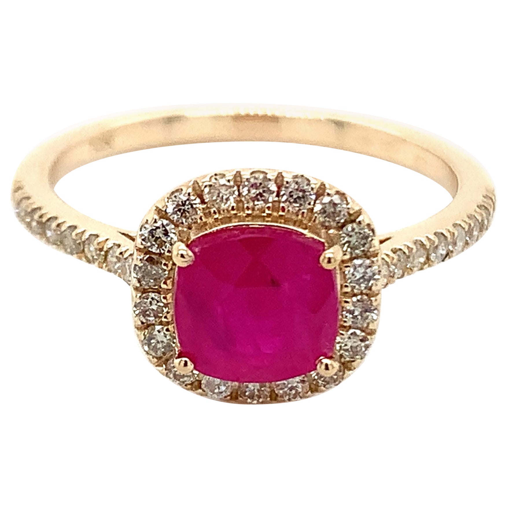 1.25 Carat Cushion Shape Ruby Ring with Diamonds in 10k Yellow Gold For Sale